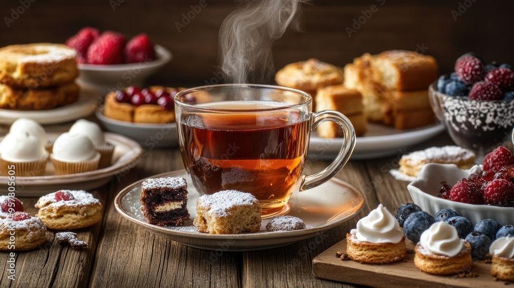 A steaming cup of tea with a dessert spread of cakes, biscuits, and pastries on an old wooden surface. Capturing the essence of a vintage tea party A steaming cup of tea with a dessert spread of cakes, biscuits, and pastries on an old wooden surface. Capturing the essence of a vintage tea party