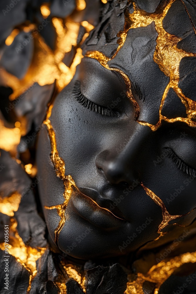 A striking sculpture of a serene face, adorned with intricate cracks highlighted by vibrant golden light. A striking sculpture of a serene face, adorned with intricate cracks highlighted by vibrant golden light.