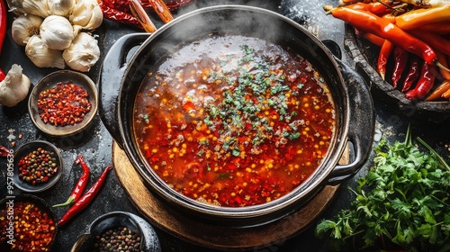 A steaming hot pot with a rich, spicy broth base filled with chili peppers, garlic, and Sichuan peppercorns, surrounded by an array of fresh ingredients ready to be cooked