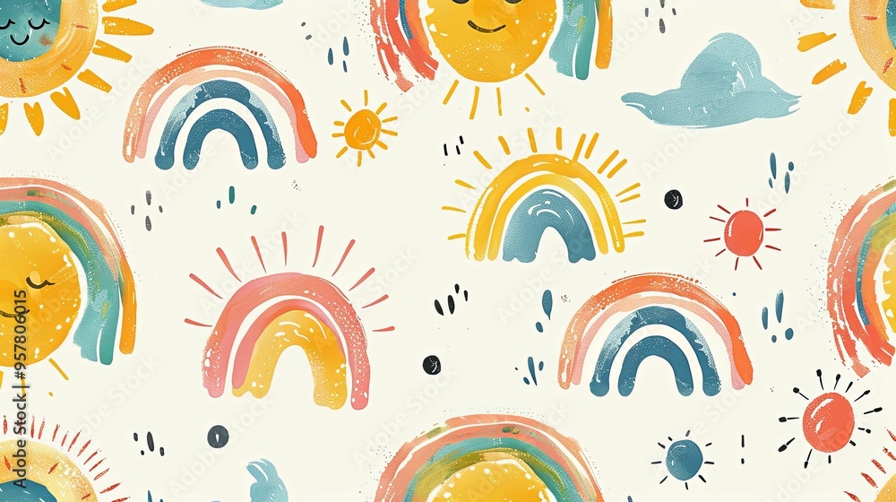 Hand-Painted Watercolor Pattern of Rainbows and Suns Hand-Painted Watercolor Pattern of Rainbows and Suns