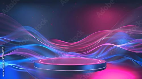 Abstract bended metallic form with glow rotation 3d render on purple background ,Abstract background with blue and pink waves photo