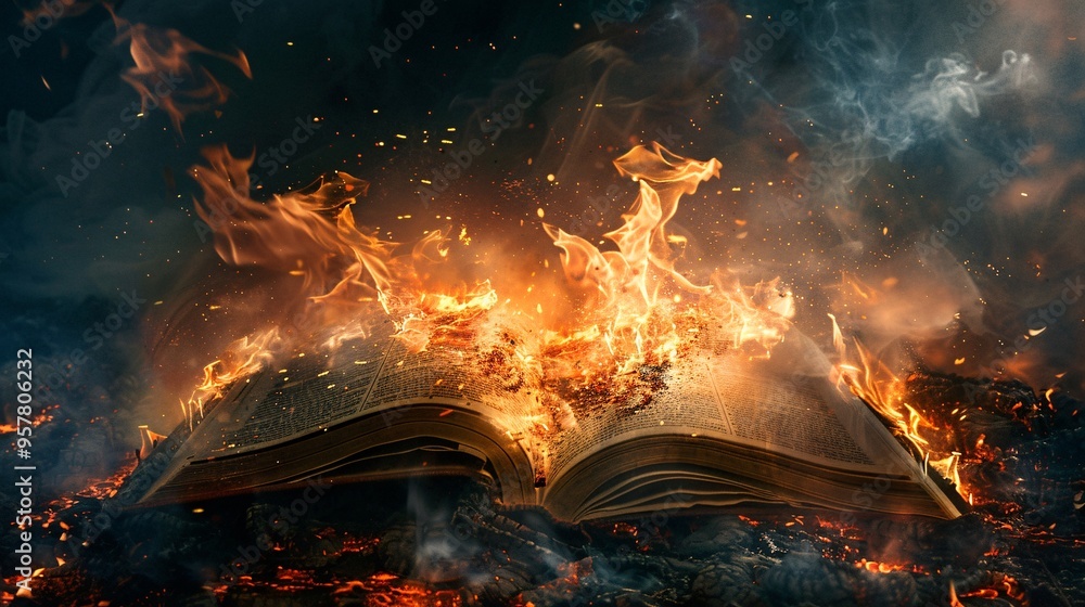 07240954 70. An intense scene of an open book being consumed by flames ...