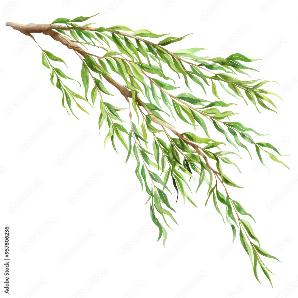 Obraz premium A graceful leafy branch swaying gently in the breeze, showcasing vibrant green foliage that brings life and freshness to any design or artistic endeavor.