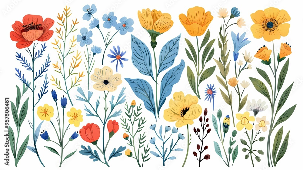 A Collection of Vibrant Wildflowers and Foliage A Collection of Vibrant Wildflowers and Foliage