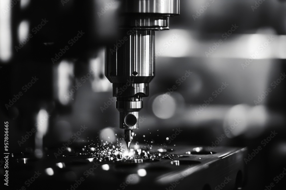 Close-up of a precision CNC machine cutting metal, showcasing intricate details and sparkling metal shavings in a dramatic black and white setting. Close-up of a precision CNC machine cutting metal, showcasing intricate details and sparkling metal shavings in a dramatic black and white setting.