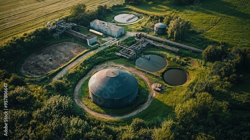 Aerial View of Wastewater Treatment Plant in Lush Green Countryside