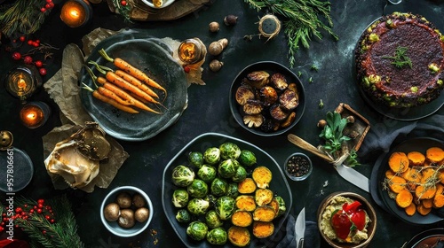 A top view of a vegan Christmas dinner table set with roasted Brussels sprouts, glazed carrots, mushroom dishes, and a vegan cake, all arranged on a dark background