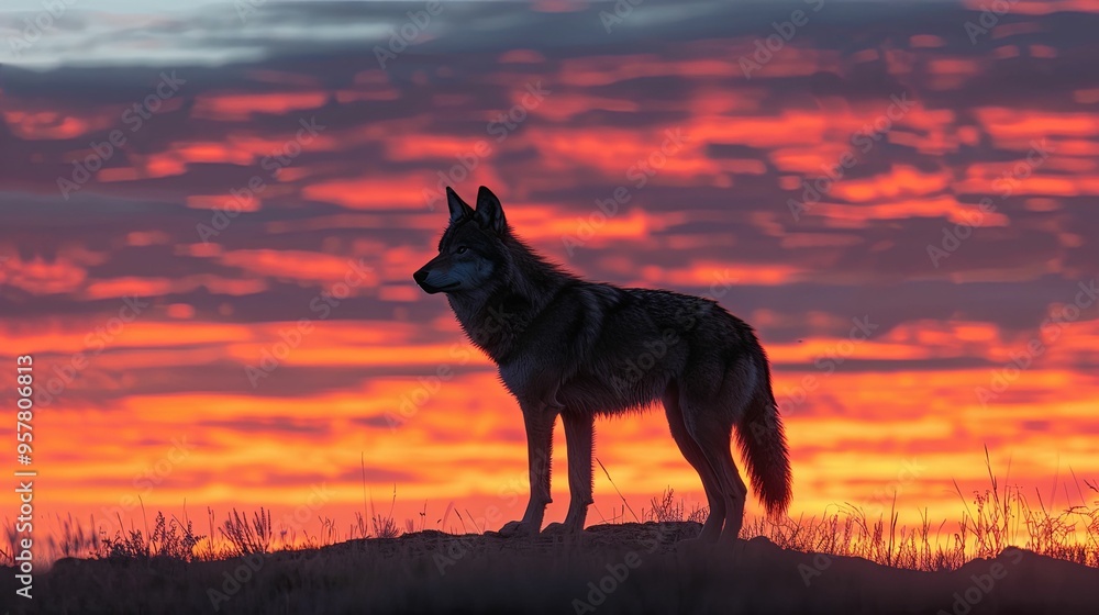 Wolf Silhouette at Sunset with Dramatic Sky Wolf Silhouette at Sunset with Dramatic Sky