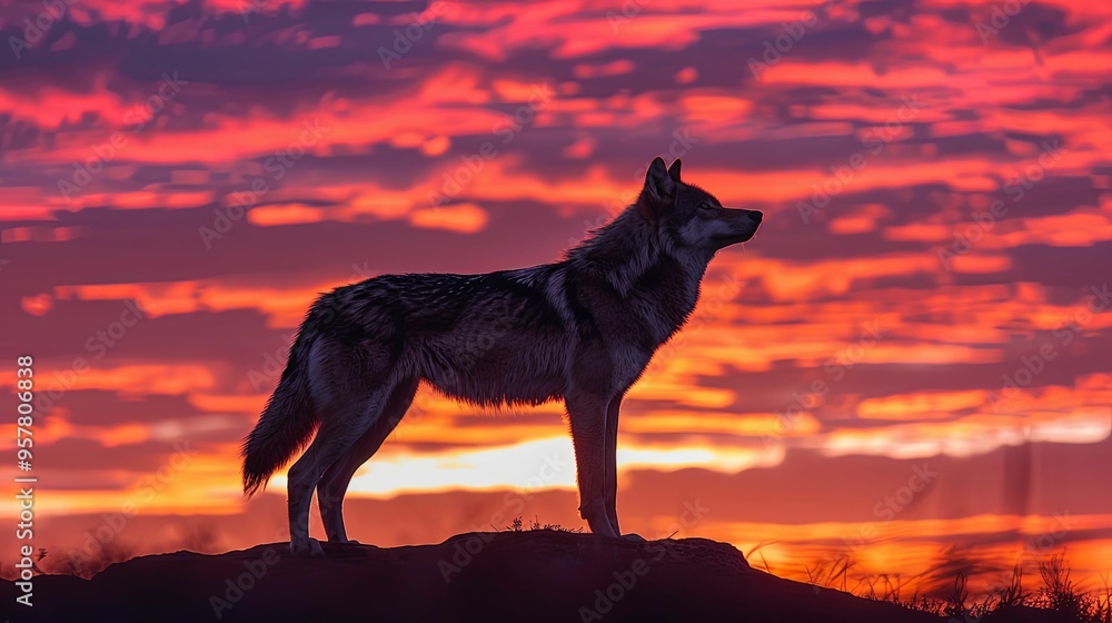 Wolf Silhouette Against a Dramatic Sunset Sky Wolf Silhouette Against a Dramatic Sunset Sky