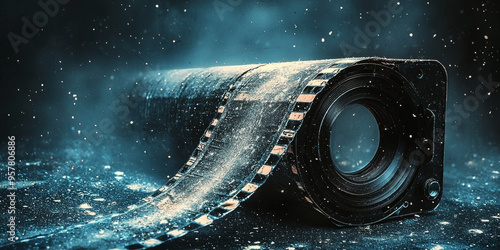 A close-up of an old film reel, with dust particles swirling around it. The film is worn and faded, reflecting the passage of time.