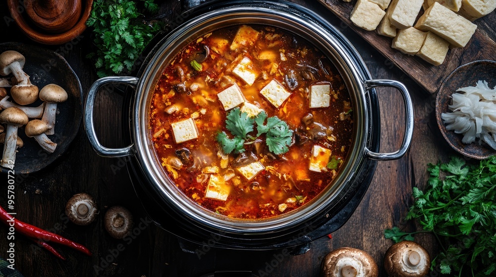 A top-down view of a hot pot bubbling with a spicy, aromatic broth, surrounded by an array of fresh ingredients including lotus root, mushrooms, and tofu cubes A top-down view of a hot pot bubbling with a spicy, aromatic broth, surrounded by an array of fresh ingredients including lotus root, mushrooms, and tofu cubes