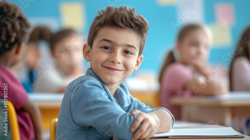 A happy young boy is sitting at a desk in school