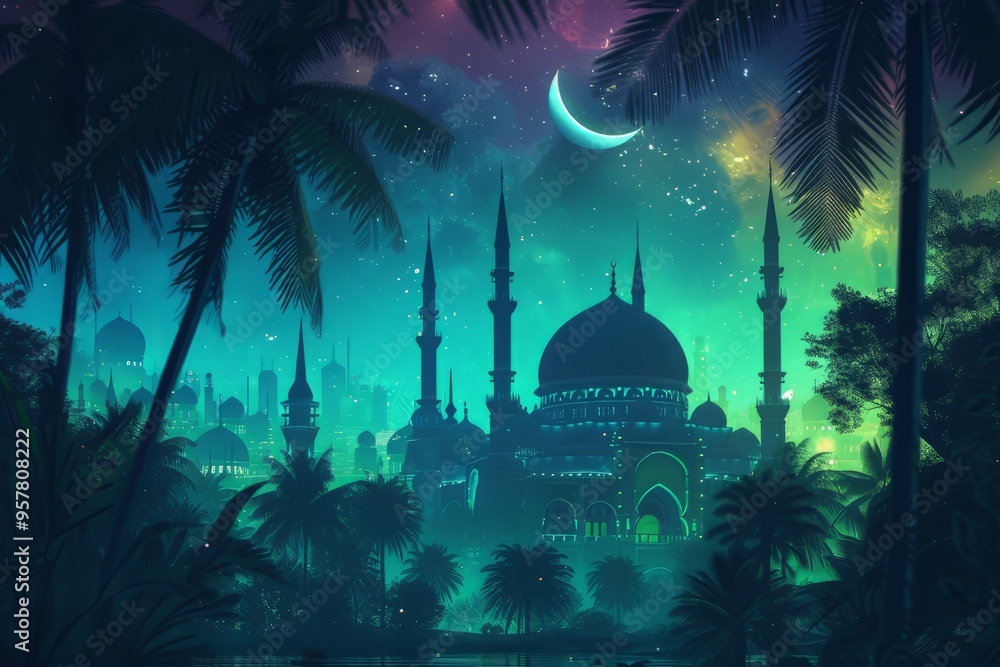 Naklejka premium Islamic Festival Greeting card Eid post Background with Mosque