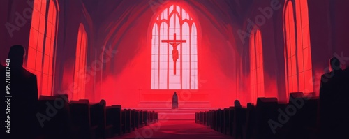 A dramatic interior of a church with a red ambiance, featuring a large crucifix and silhouetted figures in the pews.