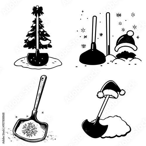 Winter Holiday Cleaning Tools Shovel, Snow Plow, Plunger Illustrations