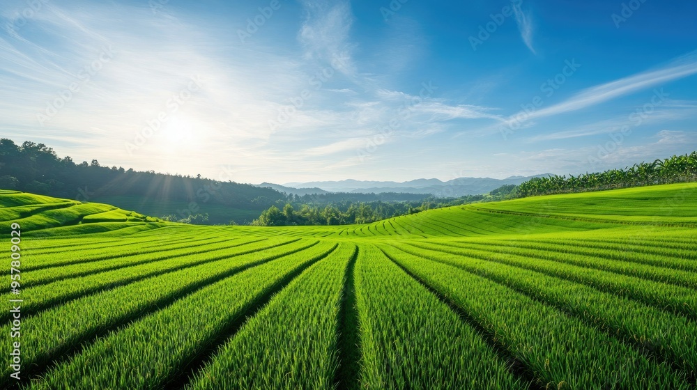 A vast rice paddy field with rows of green plants neatly organized, extending far into the distance, under a bright, sunny sky with a few wispy clouds A vast rice paddy field with rows of green plants neatly organized, extending far into the distance, under a bright, sunny sky with a few wispy clouds