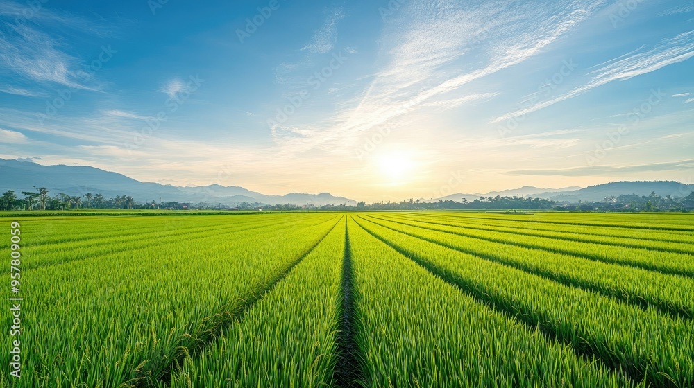 A vast rice paddy field with rows of green plants neatly organized, extending far into the distance, under a bright, sunny sky with a few wispy clouds A vast rice paddy field with rows of green plants neatly organized, extending far into the distance, under a bright, sunny sky with a few wispy clouds