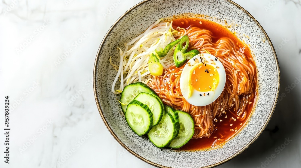 A vibrant bowl of Bibim Guksu Naengmyeon with cold noodles, sliced cucumbers, and a boiled egg, on a white marble surface, ideal for a cookbook or food blog A vibrant bowl of Bibim Guksu Naengmyeon with cold noodles, sliced cucumbers, and a boiled egg, on a white marble surface, ideal for a cookbook or food blog