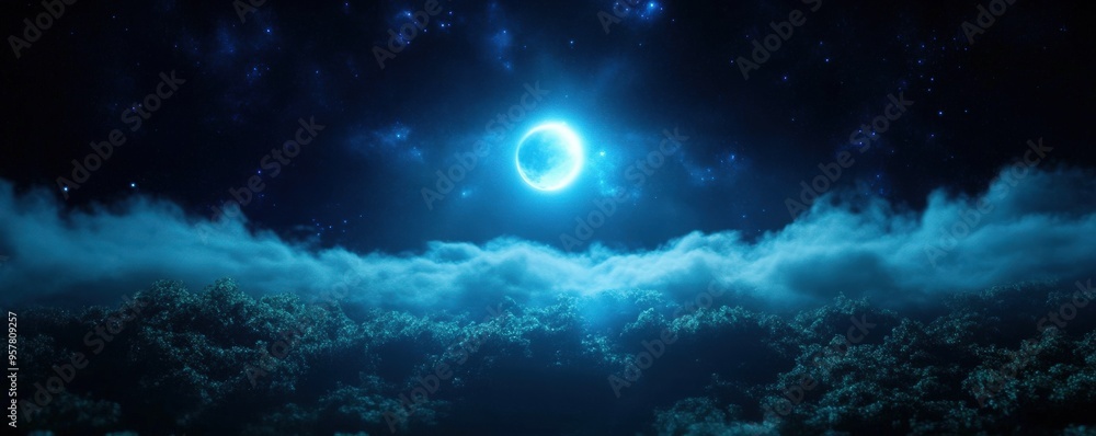 A serene moonlight scene, showcasing a glowing blue moon above a misty landscape under a starry night sky. A serene moonlight scene, showcasing a glowing blue moon above a misty landscape under a starry night sky.