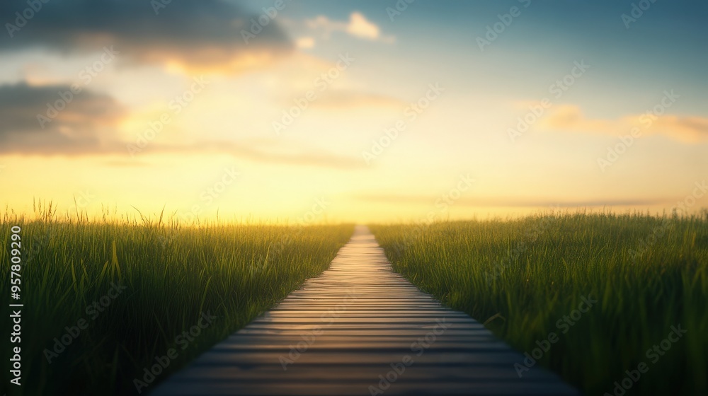 Fototapeta premium A serene pathway through lush grass, leading toward a vibrant sunset, perfect for a peaceful nature escape or inspiration.