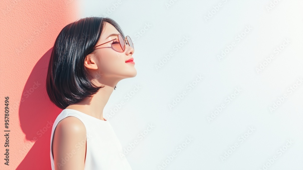 Naklejka premium Joyful Japanese Woman with Round Glasses, Sleek Bob and White Top in Natural Light