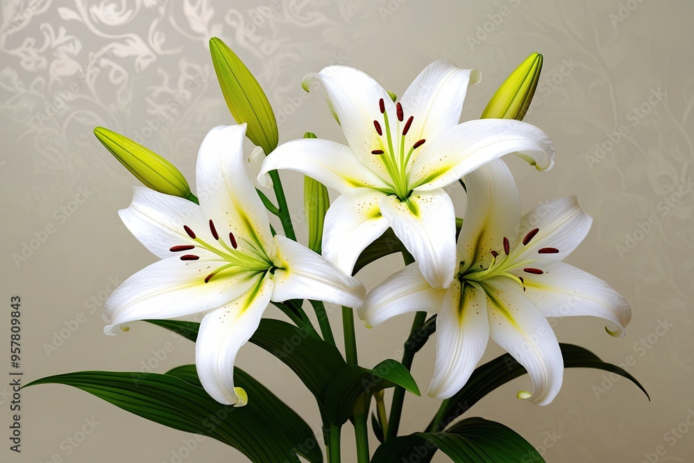 Fototapeta premium Stunning White Lily Flowers with Cream Petals on Soft Background