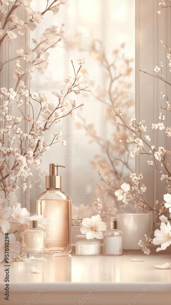 A white and gold bottle of perfume sits on a table next to a vase of flowers. The bottle is surrounded by other bottles and a cup, creating a visually appealing display A white and gold bottle of perfume sits on a table next to a vase of flowers. The bottle is surrounded by other bottles and a cup, creating a visually appealing display