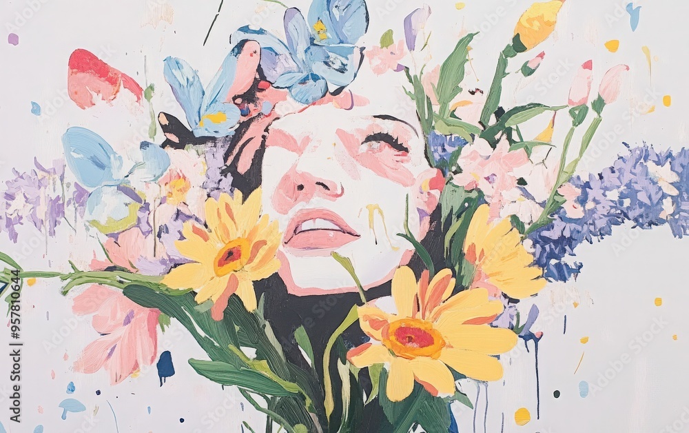 A vibrant, artistic portrait of a woman's face adorned with colorful flowers and butterflies, evoking beauty and nature's harmony. A vibrant, artistic portrait of a woman's face adorned with colorful flowers and butterflies, evoking beauty and nature's harmony.
