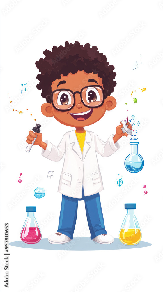 A young boy in a lab coat is holding a test tube and smiling. Concept of curiosity and excitement about science A young boy in a lab coat is holding a test tube and smiling. Concept of curiosity and excitement about science