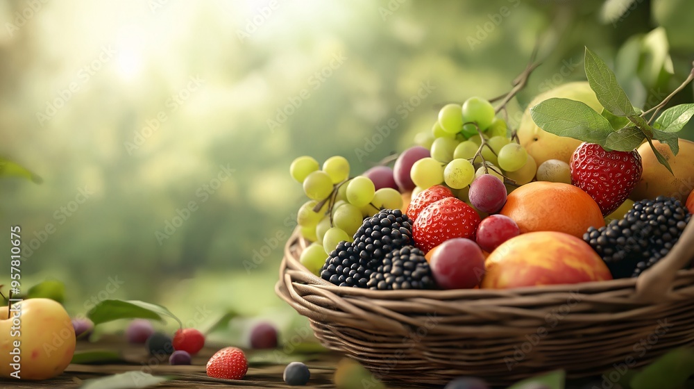 Summer Harvest Basket: A vibrant medley of fresh, ripe fruits in a rustic wicker basket, bathed in warm sunlight against a backdrop of lush greenery. Evokes a sense of abundance, health, and summer's Summer Harvest Basket: A vibrant medley of fresh, ripe fruits in a rustic wicker basket, bathed in warm sunlight against a backdrop of lush greenery. Evokes a sense of abundance, health, and summer's
