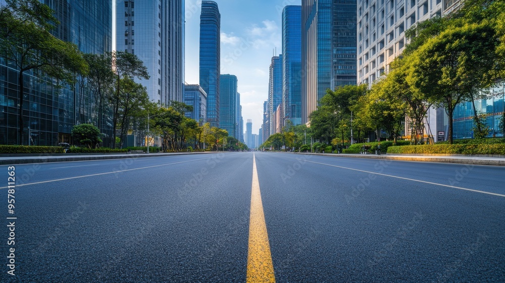 Fototapeta premium Empty City Street with Skyscrapers and Trees