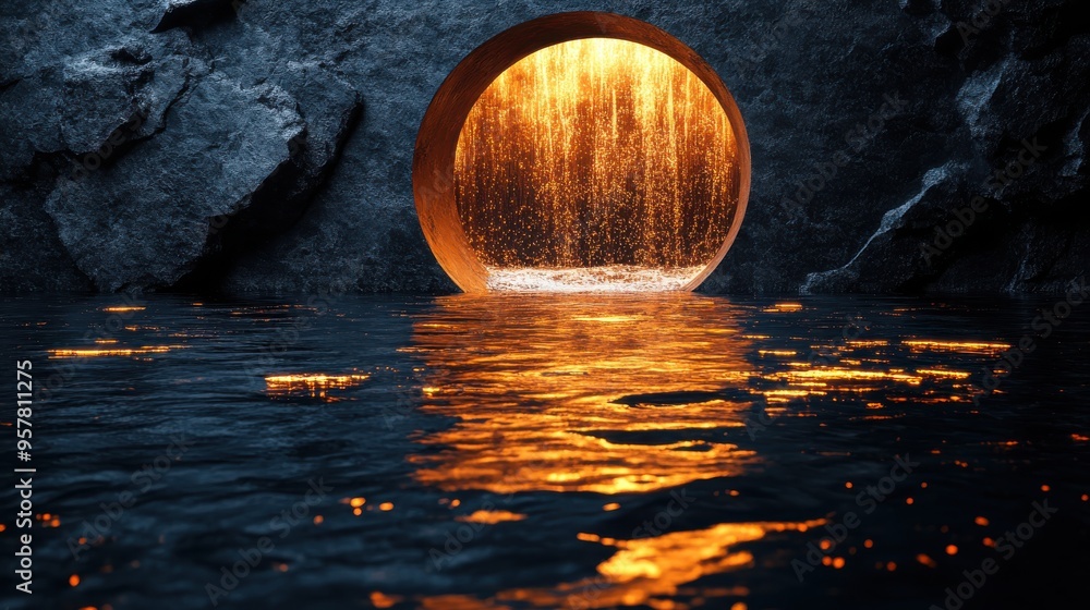 3D render of abstract black background with gold rounded disks, broken stone torus, and water reflection. Modern wallpaper for product presentation showcase. 3D render of abstract black background with gold rounded disks, broken stone torus, and water reflection. Modern wallpaper for product presentation showcase.