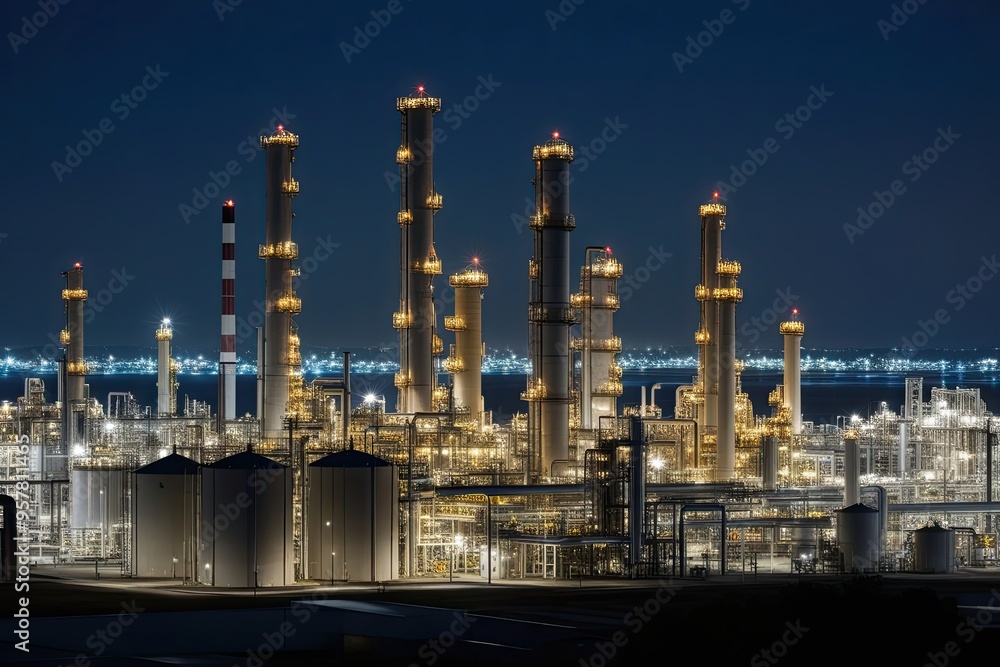 Nighttime Wide Angle Shot of Oil Refinery Towers and Chemical Production Plants Nighttime Wide Angle Shot of Oil Refinery Towers and Chemical Production Plants
