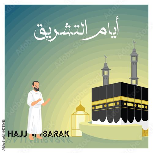 Tasyrik day is three days after Eid al-Adha. On Tasyrik day, Hajj pilgrims are required to throw the jumrah. Islamic Hajj concept. Flat vector illustration.