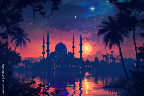 Ramadan Kareem with mosque and crescent moon