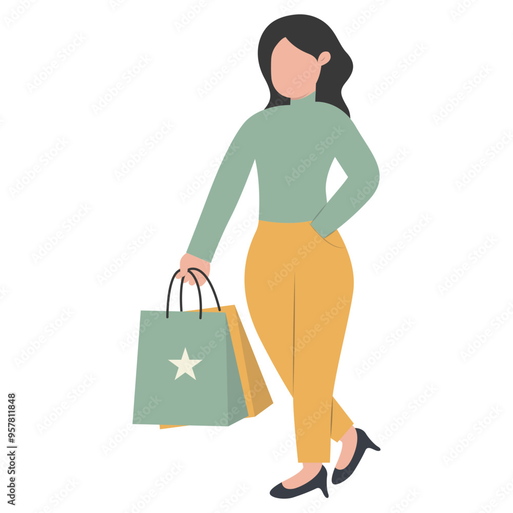 Lady Carrying Shopping Bags Character with Flat Face Design Concept. Vector Illustration Lady Carrying Shopping Bags Character with Flat Face Design Concept. Vector Illustration
