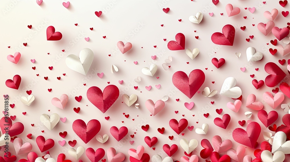Pink, Red, and White Paper Hearts Scattered on a Light Background Pink, Red, and White Paper Hearts Scattered on a Light Background