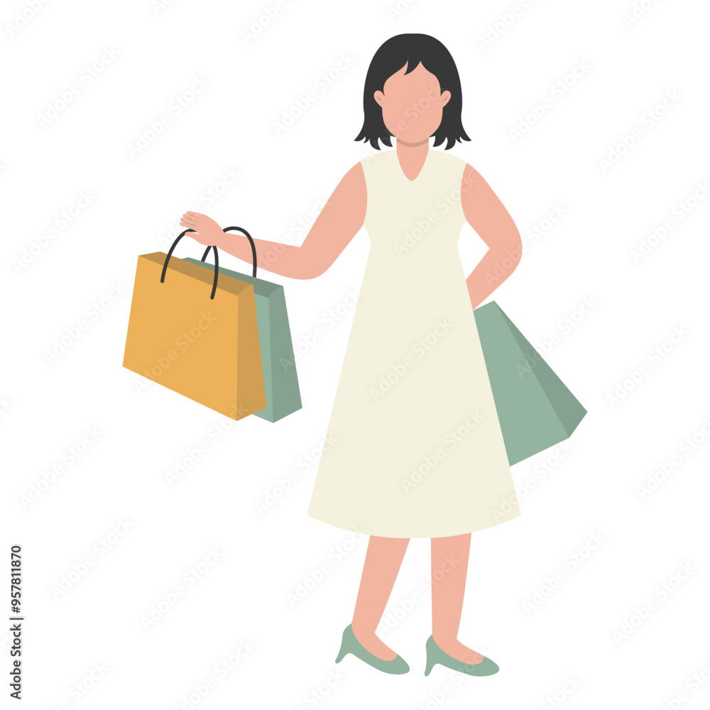 Lady Carrying Shopping Bags Character with Flat Face Design Concept. Vector Illustration Lady Carrying Shopping Bags Character with Flat Face Design Concept. Vector Illustration