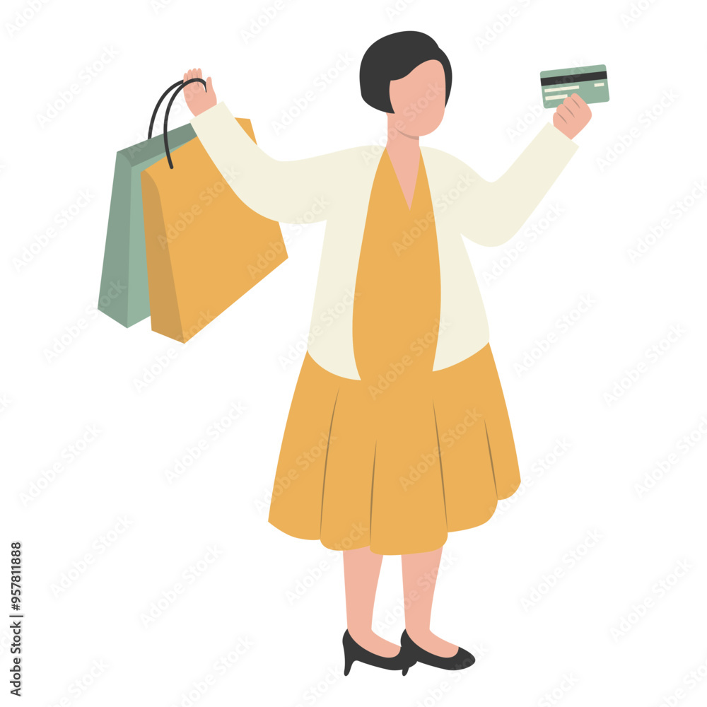 Lady Carrying Shopping Bags Character with Flat Face Design Concept. Vector Illustration Lady Carrying Shopping Bags Character with Flat Face Design Concept. Vector Illustration