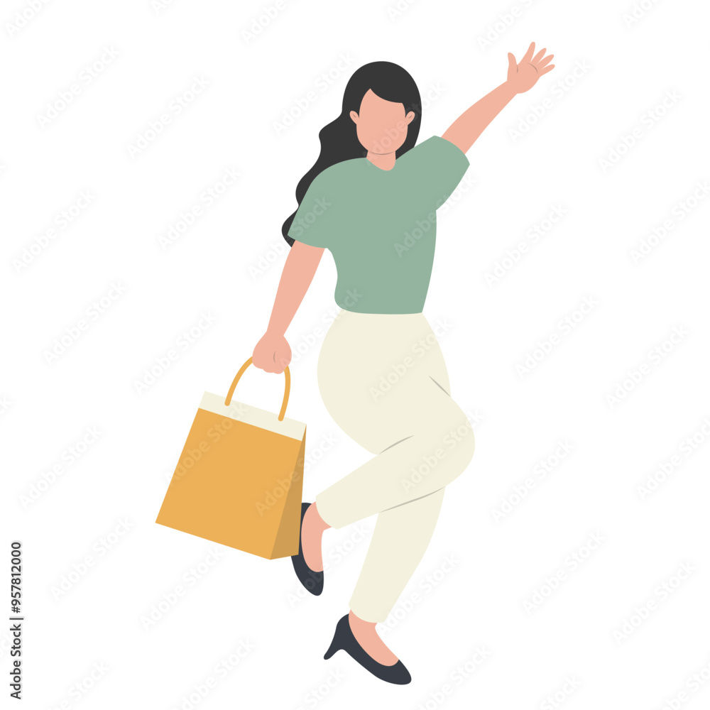 Lady Carrying Shopping Bags Character with Flat Face Design Concept. Vector Illustration Lady Carrying Shopping Bags Character with Flat Face Design Concept. Vector Illustration