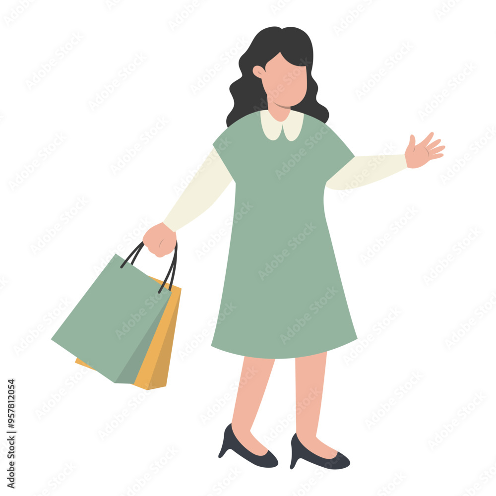 Lady Carrying Shopping Bags Character with Flat Face Design Concept. Vector Illustration Lady Carrying Shopping Bags Character with Flat Face Design Concept. Vector Illustration
