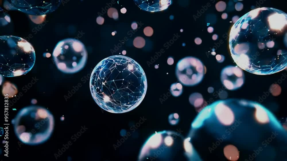 Close-up of a molecular structure with connecting lines, illuminated on a dark background, representing scientific and technological concepts Close-up of a molecular structure with connecting lines, illuminated on a dark background, representing scientific and technological concepts