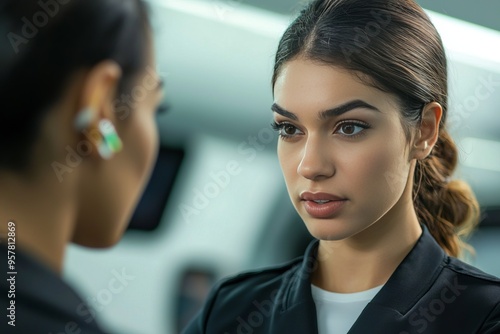 A female airline attendant dealing with a passenger complaint. She’s listening attentively and offering a solution