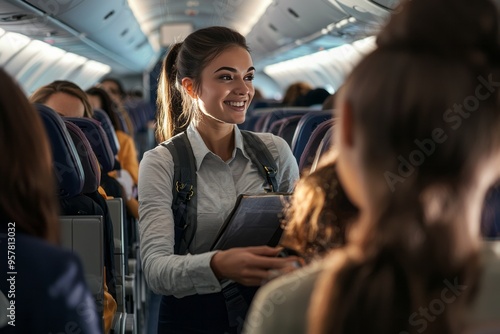 A female airline attendant assisting a passenger with their luggage. She’s helping store bags in the overhead compartment