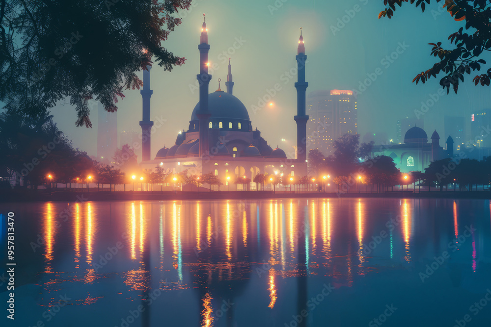 Obraz premium Holy night islamic night and silhouette mosque with moon