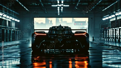 Rear silhouette of a modern sports car standing on the pit lane surrounded by flashing LED lights.