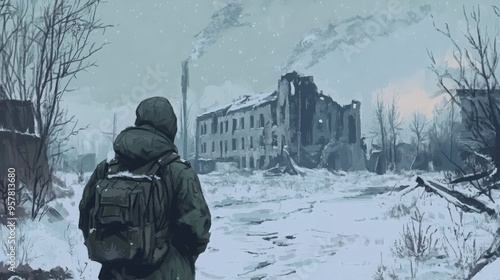 A lone traveler stands before a desolate landscape, featuring a ruined building in a snowy, atmospheric setting.