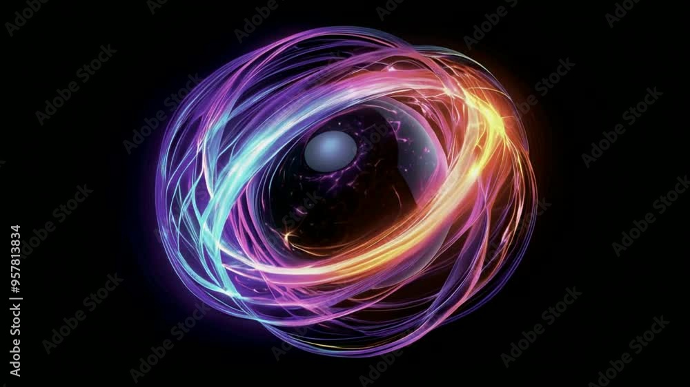 Abstract glowing colorful spheres rotating like neutron particles on a dark background. Abstract glowing colorful spheres rotating like neutron particles on a dark background.