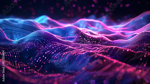 Abstract shiny wave background in purple, pink and blue lights, Digital luxury sparkling wave particles, background streams, digital data flow movement. technological background photo