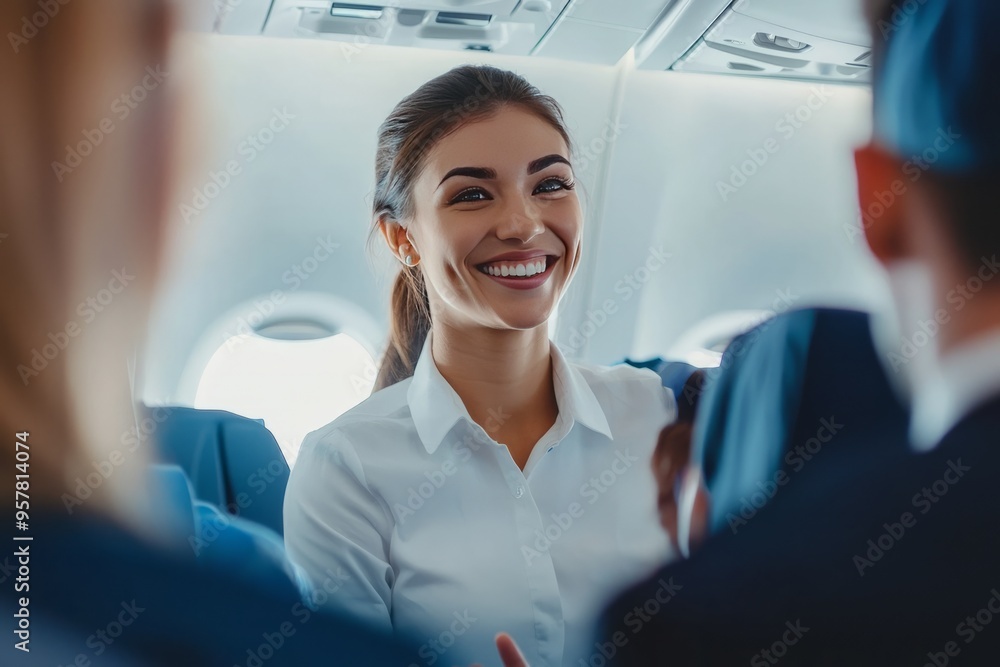 A female airline attendant smiling and chatting with passengers. She’s making small talk to ensure a pleasant flight experience A female airline attendant smiling and chatting with passengers. She’s making small talk to ensure a pleasant flight experience